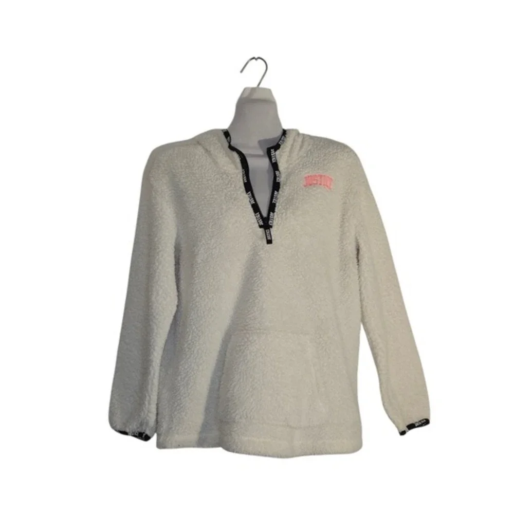 Justice Girls White Sherpa Hoodie w/Black Justice Trim sz 14/16 Kangaroo Pocket